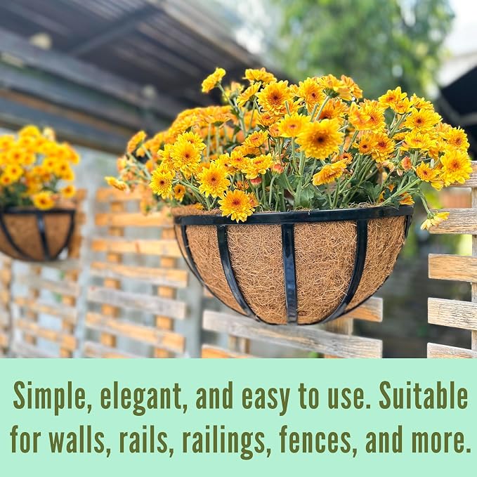 LaLaGreen Bundle- 4 Pack, 12 Inch Metal Basket with Coco Liner + 2 Pack, 12 Inch Hanging Basket with Coco Liner, Black Metal Flat Horse Trough Modern Flower Pots Deck Porch Balcony Fence Outdoor Decor