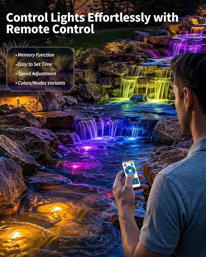POPOSOAP 8W Solar Pond Lights with Remote Control, RGB Multi-Color Underwater Solar Lights with Timer & Memory Function for Pond, Fountain, Pool, Garden, Aquarium(6 Headlamp)-P68WC