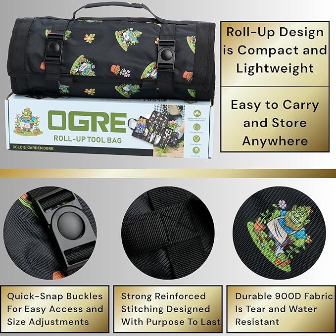 Garden Tool Bag, Roll-Up Garden Tool Holder with Deep Pockets | 900D Polyester Heavy Duty Gardening Tote | Compact Washable Organizer for Tools, Seeds, and Essentials (Tools Not Included)