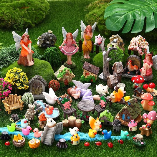 100 Pcs Fairy Garden House Resin Kit Glowing Tree House Miniature Garden Fairy Animals Garden Accessories Decor Outdoor Mini Landscape Ornaments