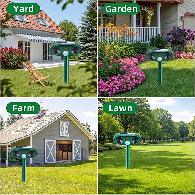 4 Pack Sonic Fortress Pro Deer Repellent Devices- Solar Ultrasonic Animal Repeller Outdoor Weatherproof with Motion Sensor & USB Charging,Deter Cats,Squirrels,Racoons,Rabbits,Skunks for Yard Garden