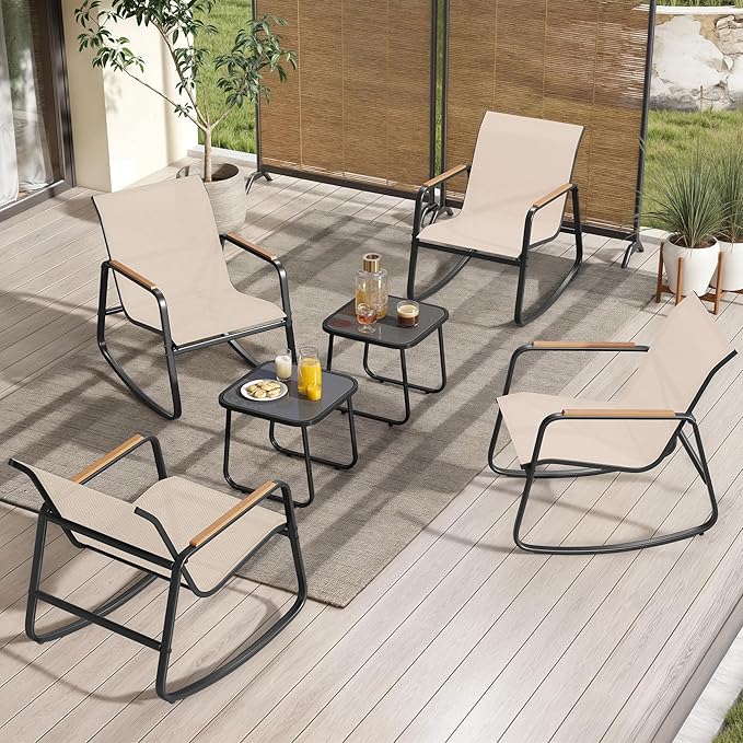 YITAHOME 6 Piece Rocking Bistro Set, Outdoor Patio Furniture Set with Wooden Armrests, 4 Porch Chairs with 2 Glass Table for Lawn, Garden, Balcony, Poolside, Beige