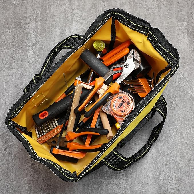 Silkfly 6 Pcs Tool Bag for Men Women Heavy Duty Tool Tote with Waterproof Hard Bottom Multi Pockets Large Mouth Organizer for Various Worker Electrician Carpenter Mechanic(Yellow,13 Inch)