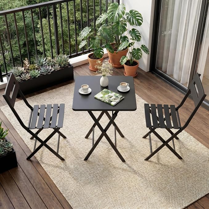 GarveeTech 3-Piece Folding Bistro Set, Heavy Duty Outdoor Patio Furniture with 2 Chairs & 1 Table, Weather-Resistant Steel Frame, No Assembly Required for Garden, Yard, Balcony,Black