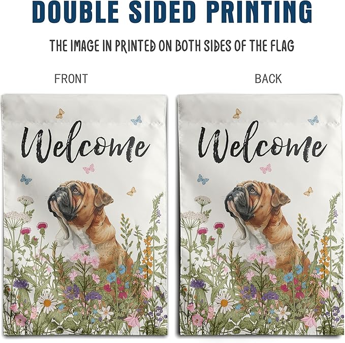 Floral English Bulldog Garden Flag Spring Summer House Flags 28 x 40 Double Sided Flower Dog Yard Flags for Outside Large Outdoor Welcome Flags
