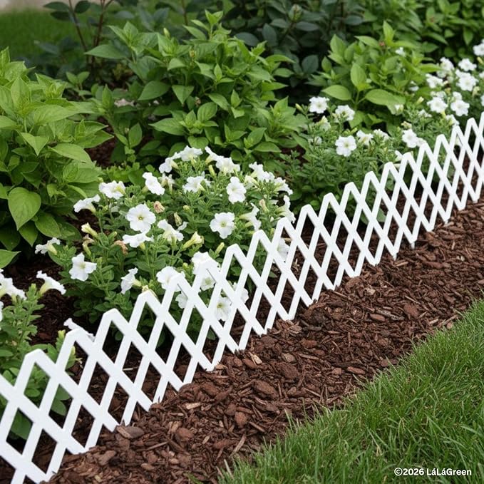 LaLaGreen Garden Edging Border (23x8.5 Inch, 10 Pack) White Plastic Fence Panels, Landscape Edging for Yard Lawn Patio Pathways Trees, Decorative Flower Bed Borders Outdoor Style Decor