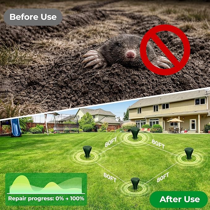 Solar Powered Mole Repellent for Lawns, 8 Packs Ultrasonic Vole Repeller Outdoor, IP 65 Waterproof Outdoor Ultrasonic Mole Deterrent Get Rid of Gopher Vole Skunk Groundhog Snake in Garden Yard Lawn