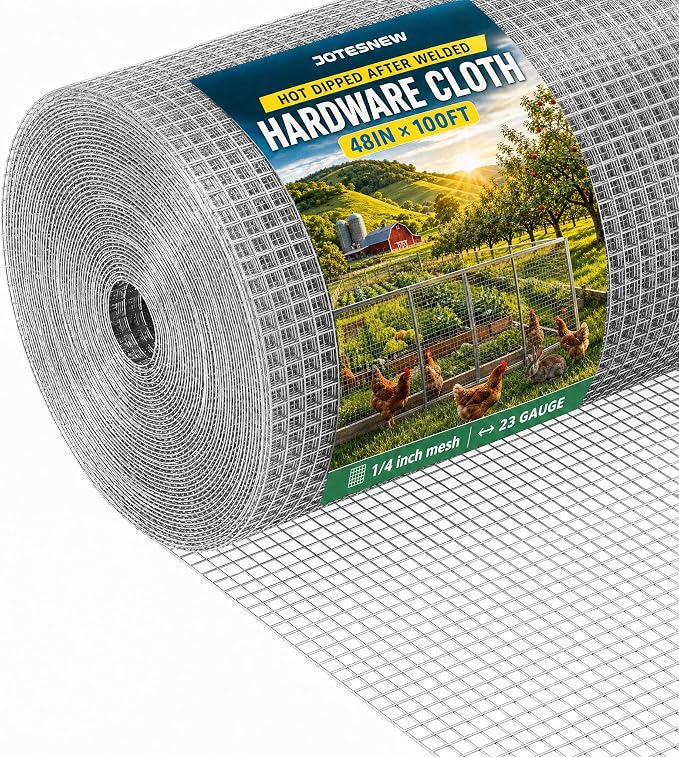 Jotesnew Galvanized Hardware Cloth 48in x 100ft, 1/4 inch Silver Hot Dipped Galvanized Welded Cage Wire Mesh, 23Gauge Wire Mesh Roll for Gardens, Chicken Coops & Poultry Netting Cage Fence