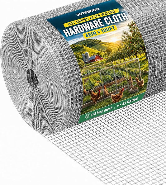 Jotesnew Galvanized Hardware Cloth 48in x 100ft, 1/4 inch Silver Hot Dipped Galvanized Welded Cage Wire Mesh, 23Gauge Wire Mesh Roll for Gardens, Chicken Coops & Poultry Netting Cage Fence