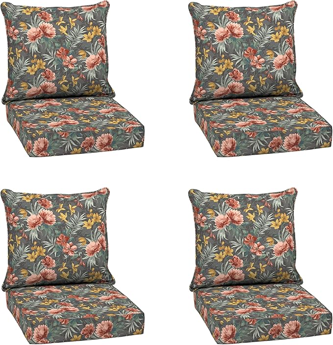 Arden Outdoor Deep Seat Cushion Set (4-Pack), 24 in x 24 in, Weather-Proof, Rain-Proof, Fade Resistant Patio Cushion for Chair, Sofa, and Couch Phoebe Grey Floral