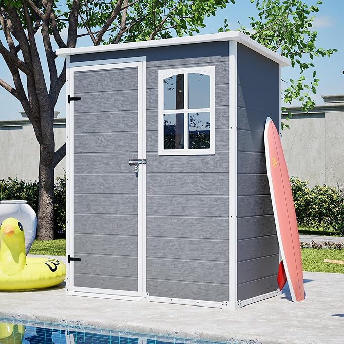 YOPTO 5x3ft Resin Outdoor Storage Shed Weather Resistant with Floor,Outdoor Resin Storage Shed W/Window,Garden Tool House W/Lockable Door,Pitched Roof & Drainage Holes,for Backyard,Patio,Lawn,Gray