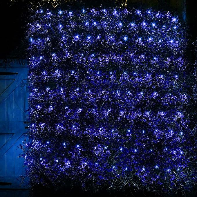 Dazzle Bright Christmas Net Lights, 360 LED 12FT x 5 FT Transparent Wire Waterproof Connectable String Lights with 8 Modes Christmas Decoration Outdoor Lights for Bushes Garden Party Holiday (Blue)