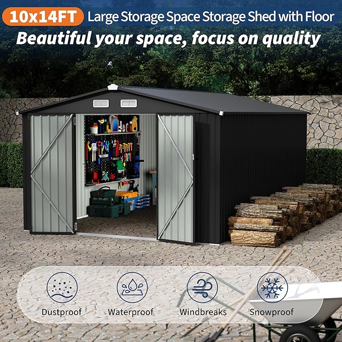 GarveeLife 10x14 Ft Outdoor Storage Sheds, Metal Garden Tool Shed for Backyard, Large Metal Sheds Outdoor Storage with Lockable Doors & Air Vents for Backyard Garden Patio Lawn