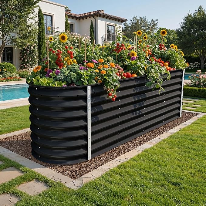 YITAHOME 8x2x2ft Raised Garden Bed Kit, 24" Tall 9 in 1 Large Galvanized Metal Planter Box with Gloves, Safety Rubber & Support Rod, Outdoor Flower Bed for Plants Vegetables Flowers, Black