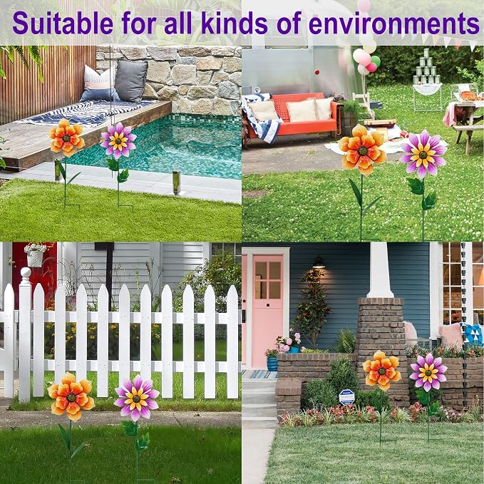 2 Pack Metal Flower Wind Spinner for Yard, 18in Outdoor Garden Stake with Retro Floral Design, Kinetic Patio Lawn Art, Weather Resistant Spring Decor