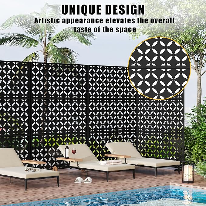 72" h × 47" w Outdoor Privacy Screen, Laser Cut Metal Garden Divider Panel with Tropical Leaf Design, Freestanding Weatherproof Privacy Fence for Patio Deck Backyard Balcony