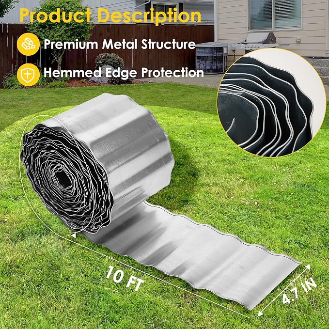 Vehipa Garden Edging Brooder for Landscaping, 4.7" x 10 Ft Corrugated Landscape Edging, Garden Bed Edging Lawn Edging for Flower Bed, Landscape Border for DIY Lawn, Yard (Silver)