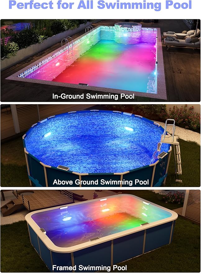 APONUO 2 Pack Solar Pool Lights, Pool Solar Lights for Above Ground Pools with Remote, IP68 Waterproof, RGB Color Changing Solar Powered Pools Light for Pond, Fountain,Yard (Gray)