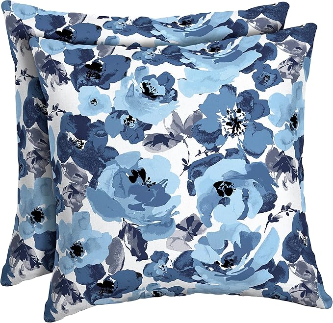 Arden Outdoor Toss Pillow, 2 Pack, 16 x 16, Rain-Proof, Fade Resistant Blue Garden Floral