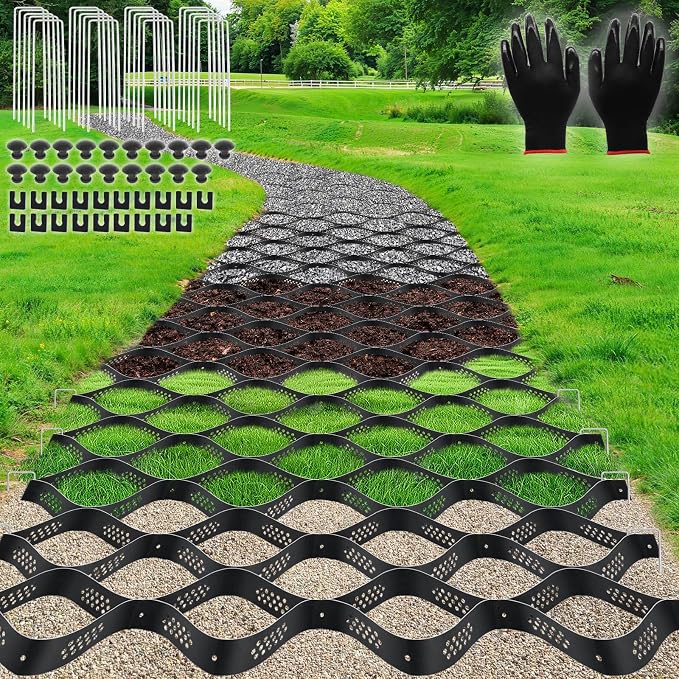 Gravel Grid 40ft X 4ft, 2'' Depth Gravel Stabilizer Grid for Pavers Base, Geogrid 1900 Lbs/Sq Ft Load with 39 Geocell Accessories & Gloves for Driveway Parking Ground Walkway Dirt Locker Slope