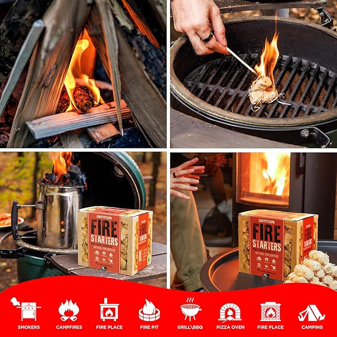70 pcs Fire Starter - Natural Fire Starters for Campfires, Fire Pit, Pizza Oven, Fireplace, Smoker, BBQ, Pellet Stove & Wood - Fire Starters for Grill, Charcoal Starter