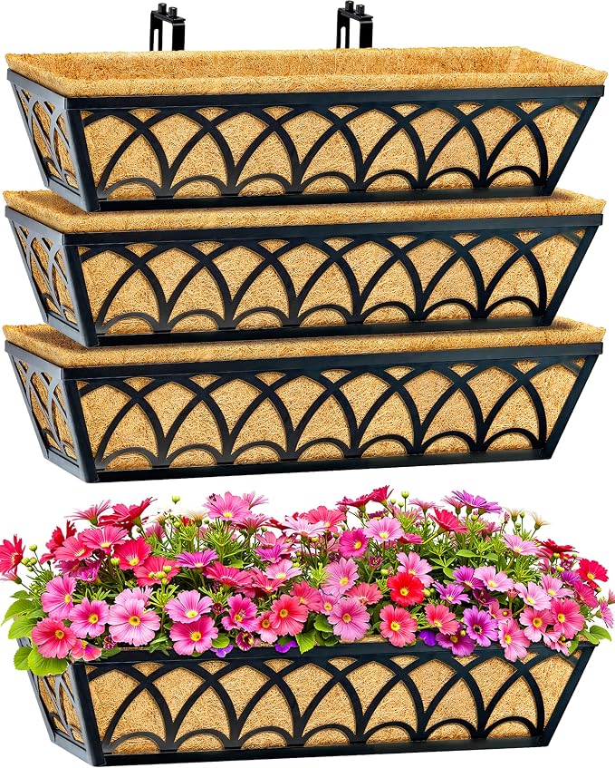 24 Inch Railing Planter Box Window Boxes Planters - 4 Pack Deck Railing Planter Boxes with Adjustable Brackets Coco Liners Balcony Planters Railing Hanging for Window Flower Boxes Outdoor Garden Decor