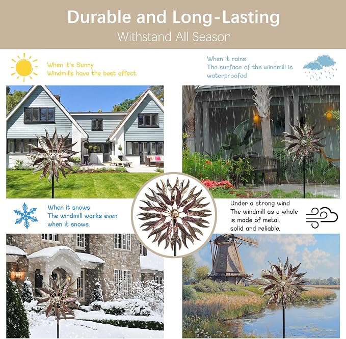 Large Wind Spinners Outdoor Metal, 360° Double-Layer Garden Wind Spinners Sculptures, 63" ×13.4", Kinetic Pinwheels for Yard and Garden Patio & Lawn (Blown)