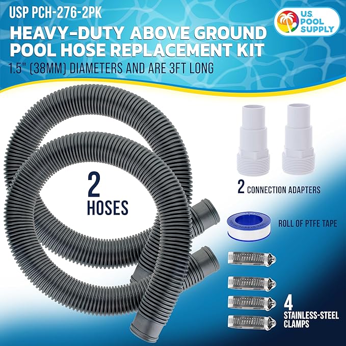 U.S. Pool Supply 1.5" Heavy-Duty Above Ground Pool Hose Replacement Kit - 2 Silver 3 Foot Hoses, 2 Connection Adapters, 4 Clamps - Compatible with Intex Filter Pumps