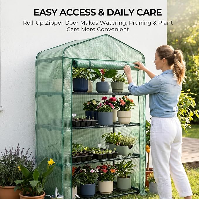Worth Garden 50% Extra Wide Mini Greenhouse 4 Tier Portable Plant Green House 40in Wide -Sturdy Gardening Shelves with PE Cover & Roll-Up Zipper Door - Indoor & Outdoor Use - 19″W. x 40″L. x63″H.