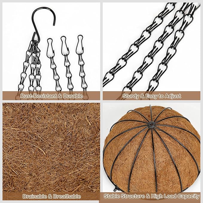 10 Inch Metal Hanging Basket with Coco Coir Liner for Flowers Planting, 4 Pack Hanging Baskets for Plants Outdoor, Round Wire Planters with Chain for Home Patio Porch Balcony Garden Decor