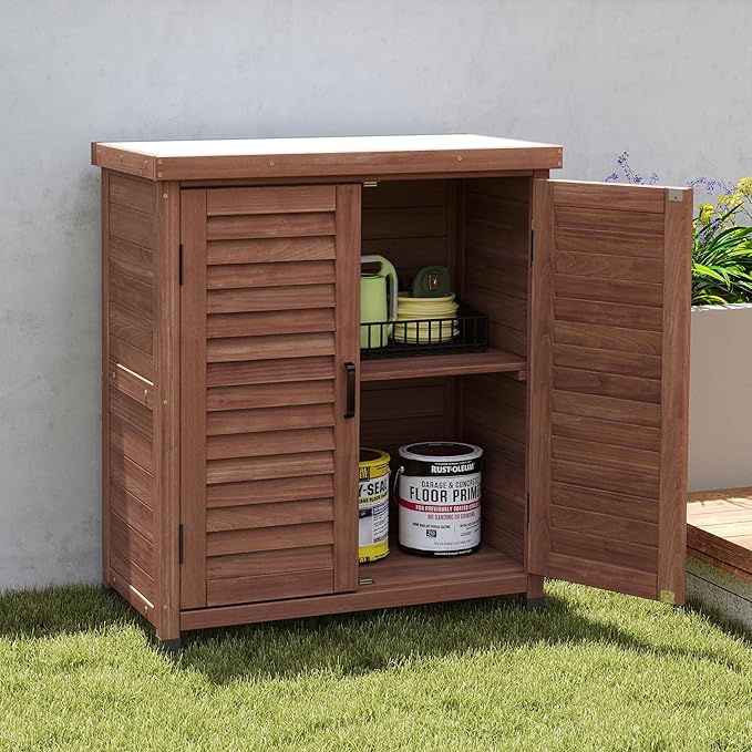 YOPTO Outdoor Wood Storage Cabinet,Garden Shed Tool with Metal Table Top, Backyard Waterproof Shelter W/Ventilated Screen Door & 2 Handles,2 Compartments,Workstation for Lawn,31x17x36'',Coffee
