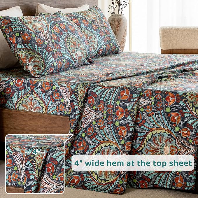 QSH Boho Sheets King Size - 100% Egyptian Cotton Bohemian Patterned Sheets Printed Bedding King Size Bed Sheets 17.5" Extra Deep Pocket 4pcs