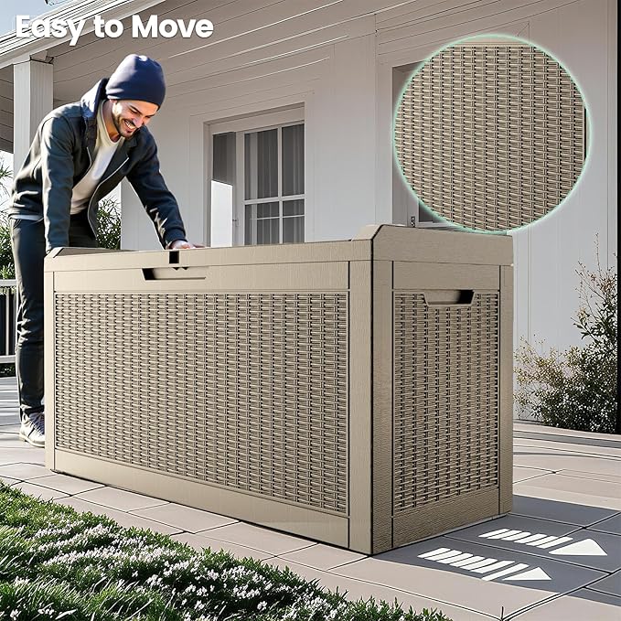 Zapdos Outdoor Storage Box, 60 Gallon Deck Box Indoor and Outdoor Use, Waterproof Resin Rattan Storage Bin for Package Storage Gardening Tools Patio Cushions, Lockable, Fade Resistant, Brown