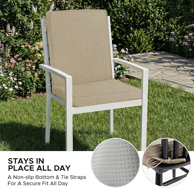 Outdoor Chair Cushions, Water-Resistant & Fade-Resistant, Patio Furniture Lawn Dining Chair Seat Replacement with Mid Back, Ties Zipper, Removable Cover, 18 x 16.5 Inch, Set of 4, Natural