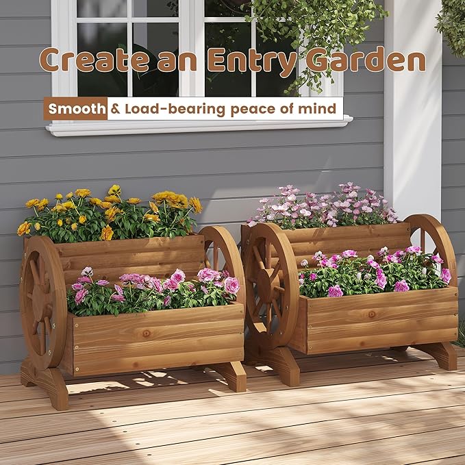 FILWH Wooden Wagon Planters for Outdoor Plants, Flower Cart, Wood Planter Boxes Outdoor, Backyard Decor, Flower Planters Outdoor with Wheels Planter for Flowers Vegetables (Brown)