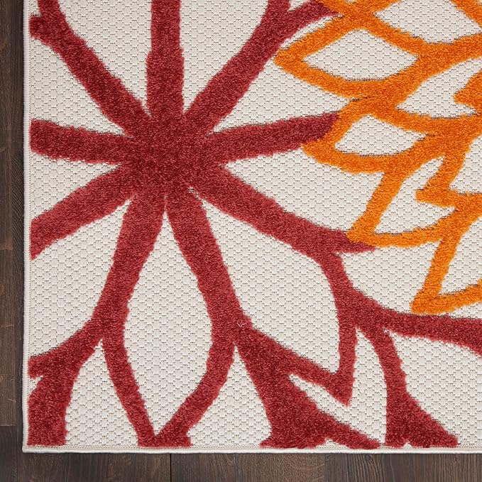 Nourison Home Aloha Indoor/Outdoor Red Multi Colored 7' x 10' Area Rug, Tropical, Botanical, Easy Cleaning, Non Shedding, Bed Room, Living Room, Dining Room, Deck, Backyard, Patio (7x10)