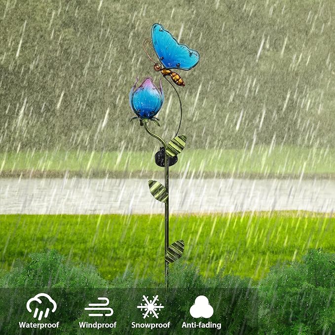 TERESA'S Collections Flower Yard Decorations Outdoor, 42'' Blue Glass Butterfly Solar Outdoor Lights Garden Decor for Outside, Metal Yard Art Garden Stake Decorative for Patio Decor,Gifts for Mom