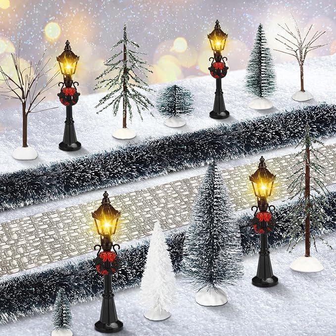 Hotop 18pc Christmas Village Accessories 47.2 Inch Village Roads Mini Snowy Trees Streets Light Lamppost Hedge Figurines Set for Display Winter Holiday Decorations DIY Crafts No Batteries(Exquisite)