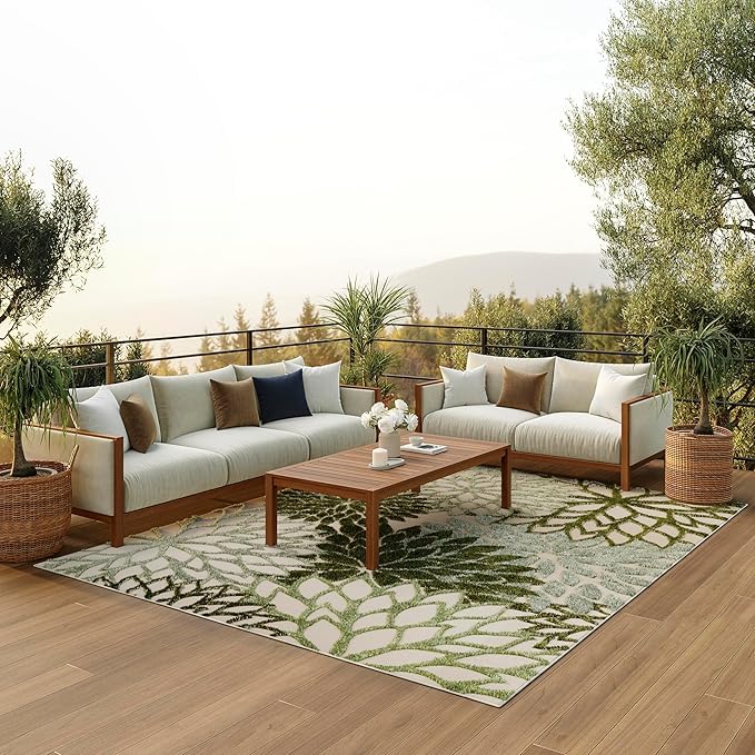 Nourison Home Aloha Indoor-Outdoor Ivory Green 10' x 14' Area Rug, Easy Cleaning, Non Shedding, Bed Room, Living Room, Dining Room, Backyard, Patio, Deck (10x14)