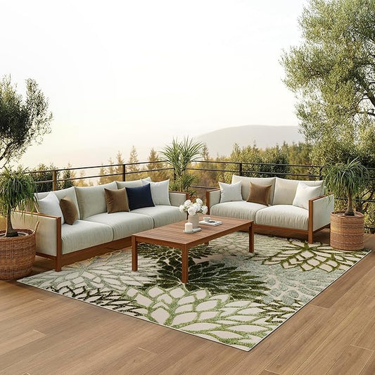Nourison Home Aloha Indoor/Outdoor Ivory Green 12' x 15' Area Rug, Easy Cleaning, Non-Shedding, Bed Room, Living Room, Dining Room, Backyard, Patio, Deck (12x15)