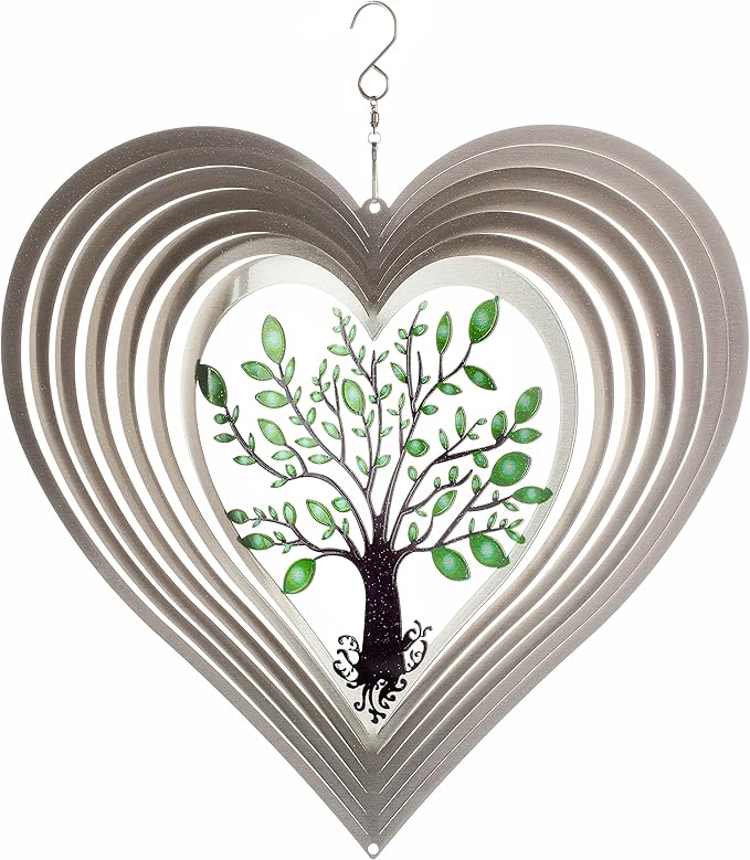 Silver Heart Wind Spinners Outdoor, Birthday Gifts for Women Mom Grandma, 12 Inch 3D Stainless Steel Hanging Wind Spinner for Yard and Garden, Tree of Life Design, Porch Patio Decor
