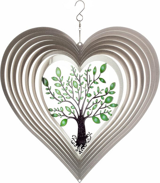Silver Heart Wind Spinners Outdoor, Birthday Gifts for Women Mom Grandma, 12 Inch 3D Stainless Steel Hanging Wind Spinner for Yard and Garden, Tree of Life Design, Porch Patio Decor