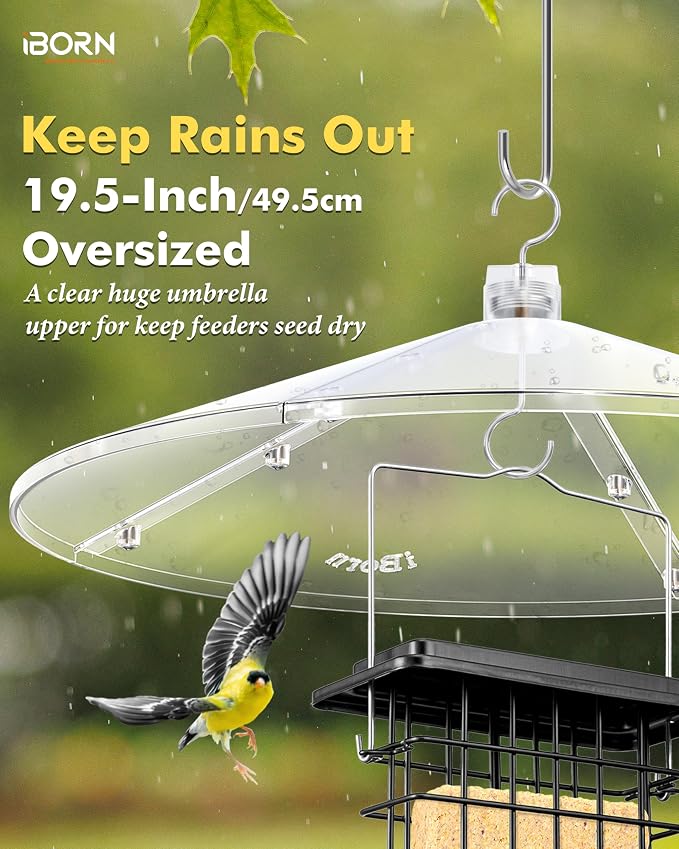 iBorn Glass Hummingbird Feeder for Outdoors Hanging,8 Ports for 16oz,Red+19.5” Oversized Birdfeeder Baffle, Squirrel Defender,Chew-Proof PC, Transparent