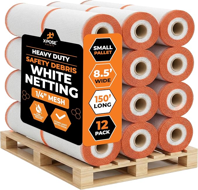 Xpose Safety Construction Safety Netting – 8.5' x 150', 1/4" Mesh Scaffold Safety Net, Temporary Material Roll, Visibility Fence, Heavy-Duty Fire Retardant, White (12-Pack)