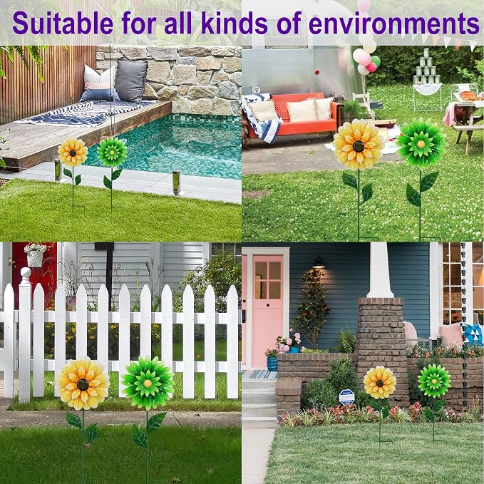 2 Pack Metal Flower Wind Spinner for Yard, 18in Outdoor Garden Stake with Retro Floral Design, Kinetic Patio Lawn Art, Weather Resistant Spring Decor