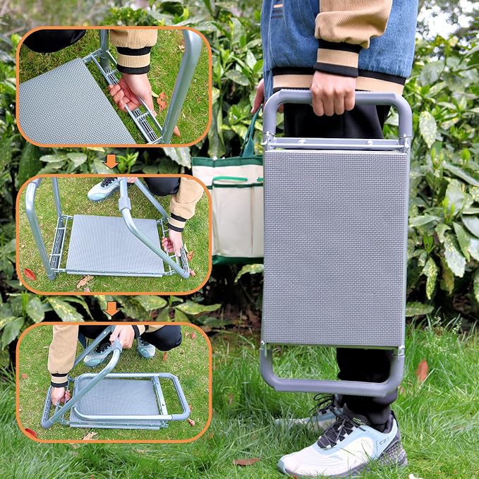 BDL Garden Cart Outdoor Rolling Garden Workseat with Wheels, Heavy Duty Garden Tool Cart with Extendable Handle and Storage for Seniors Yard Gardening Work