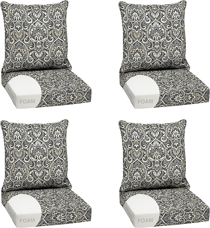 Arden Outdoor Foam Deep Seat Cushion Set (4-Pack), 24x24, Premium High-Density Foam, Never Flattens, Weather-Proof for Patio Chair Sofa Couch, Black Aurora Damask