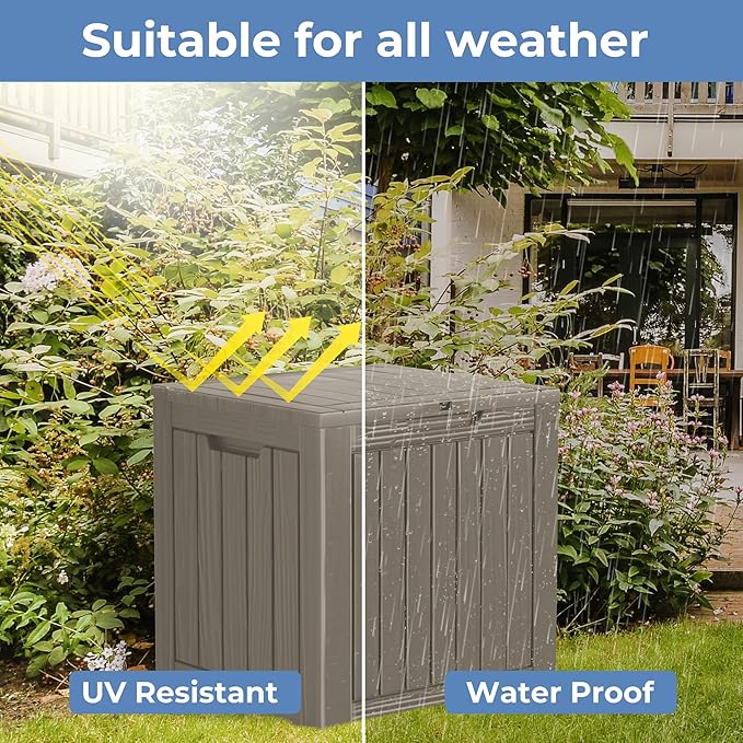 Outdoor Storage Deck Box Waterproof,35 Gallon Lockable Patio Package Delivery Bin as Seat, Resin Storage Container Bench for Furniture Cushions, Pool Accessories, Garden Tools, Grey