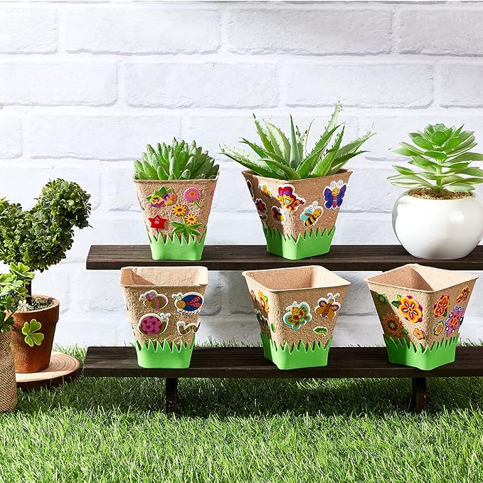 Gueevin 50 Pack Garden Paper Pot Craft Kit Flower Plant Spring Craft Including Peat Plant Pots Adhesive Foam Stickers Pot Stickers EVA Grass for Adults DIY Flower Planting Growing, Square