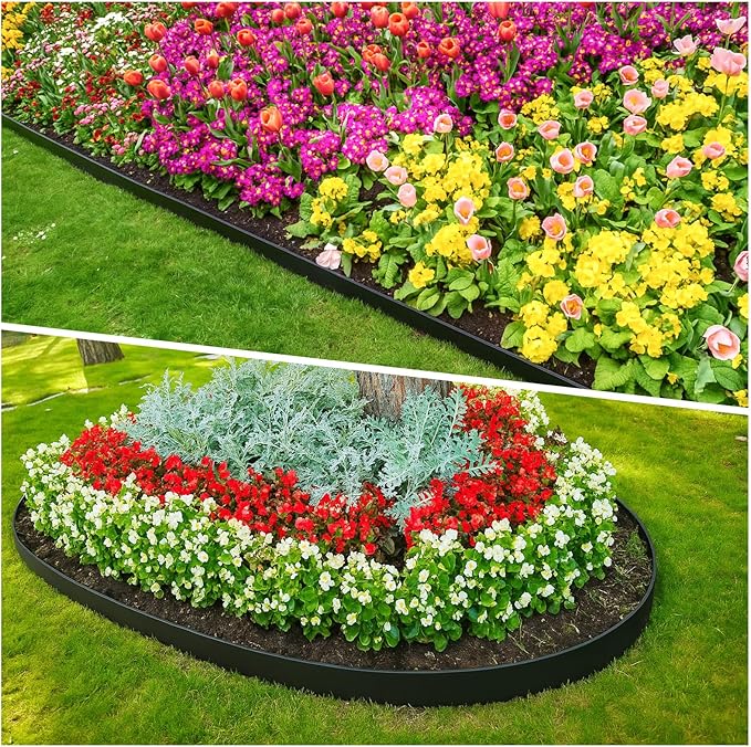 4in Tall,33ft Landscape Edging Kit with 50pcs Metal Spikes, Reinforced Rib Design,Not Digging Flexible Plastic Edge Border for Landscape, Lawn,Garden,Flower Beds,Yard,Paver,Playground, Fence,Pathway
